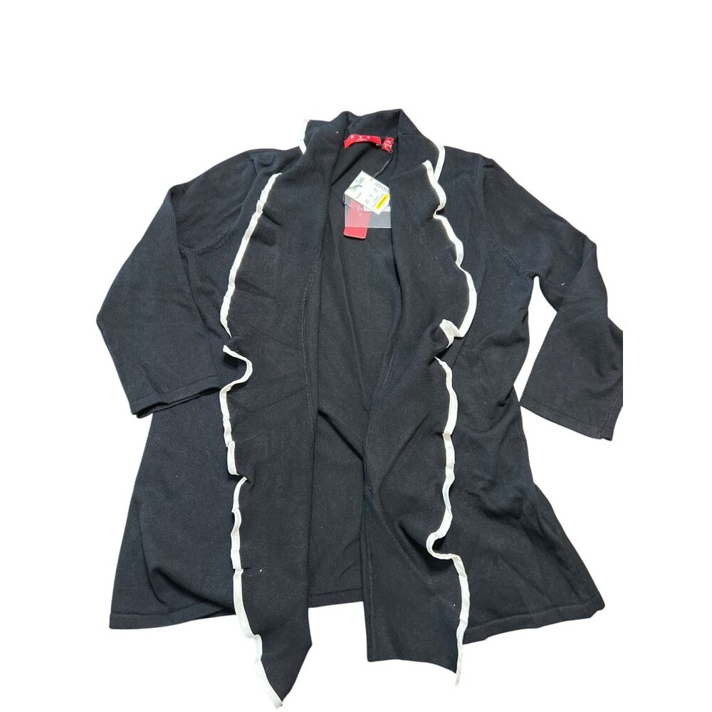 Red Petite Open Front Ruffle Cardigan Jacket Black With White Trim Size MP NWT